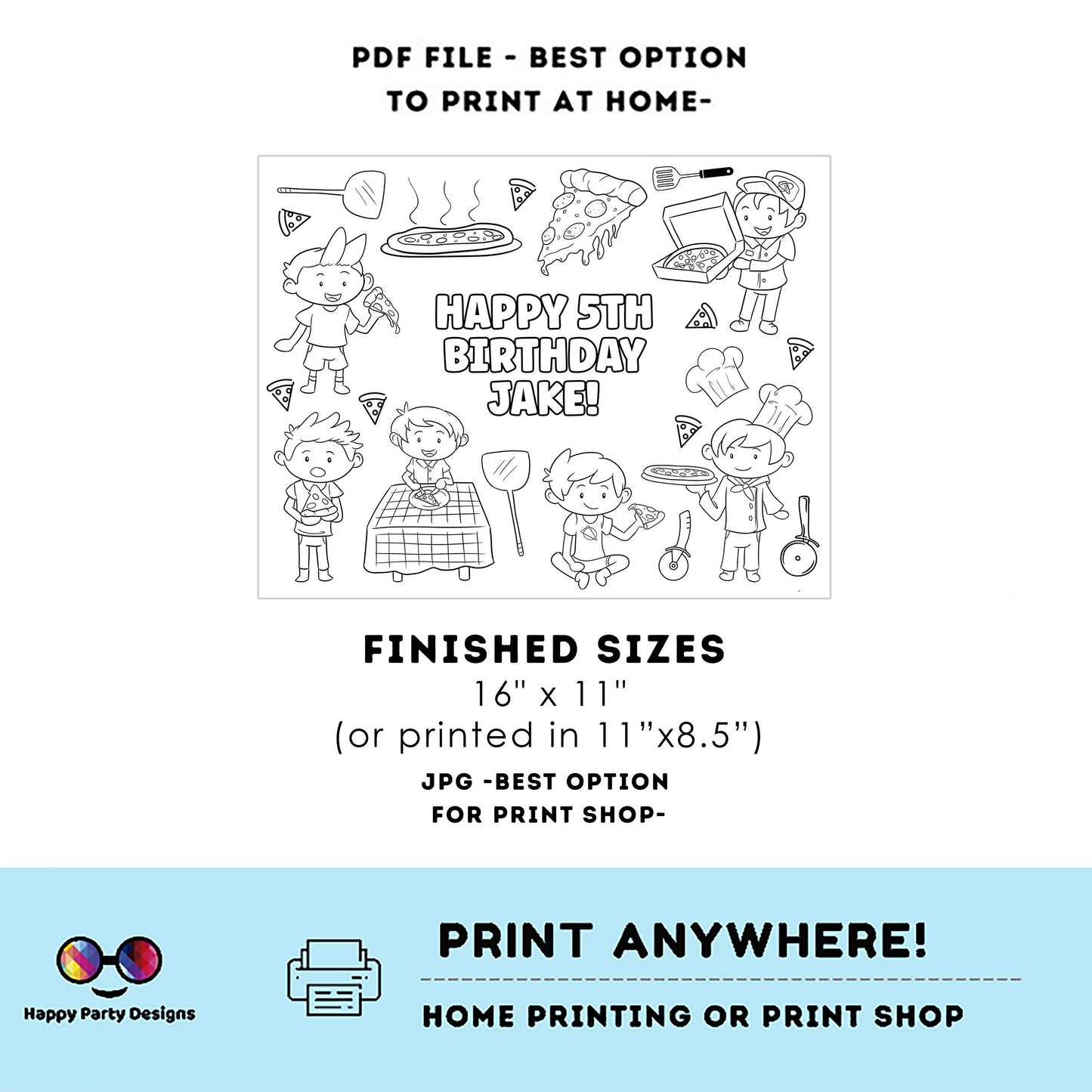 Editable Pizza Party coloring page | Placemat coloring page | Any Age | Pizza birthday placemat | Pizza Party Activity | Party favors #K46
