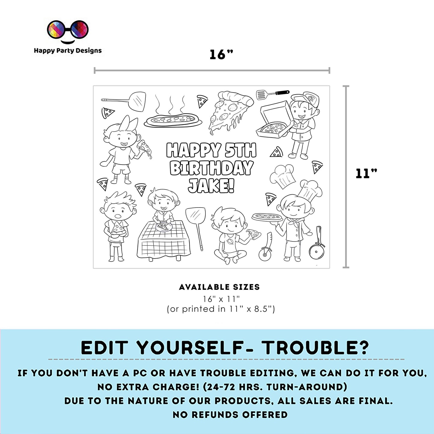 Editable Pizza Party coloring page | Placemat coloring page | Any Age | Pizza birthday placemat | Pizza Party Activity | Party favors #K46