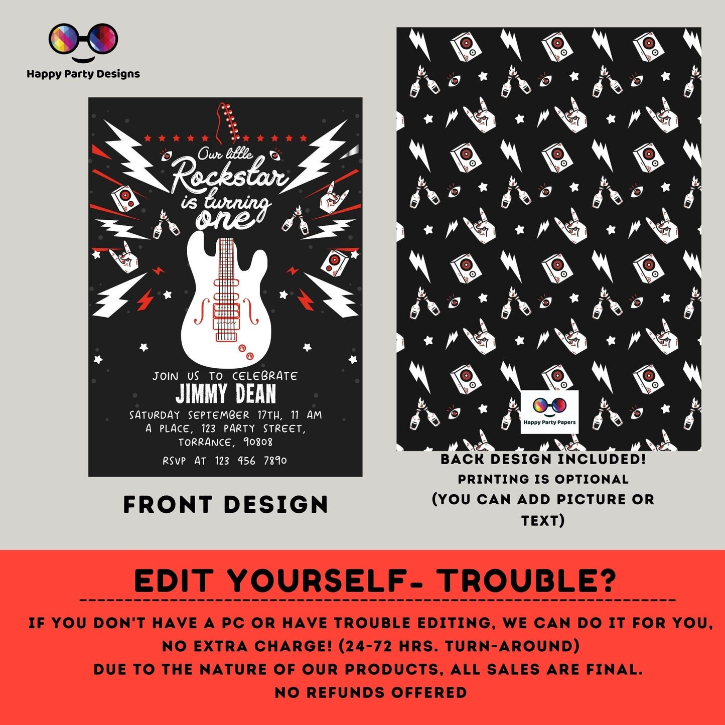 Our little rock star is turning one | Rock 'n roll Birthday Invitation | Rock Star Party Invitation | Rock Guitar Birthday invitation #K262
