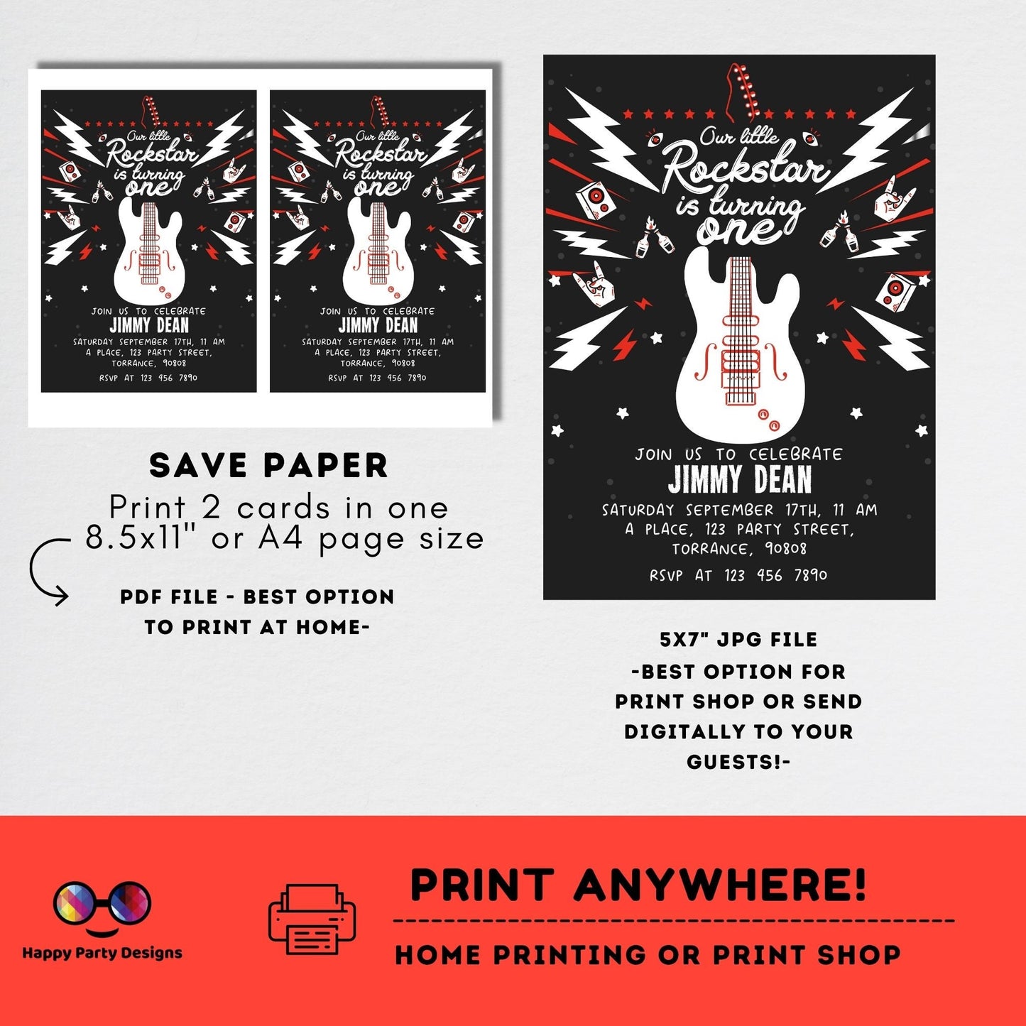 Our little rock star is turning one | Rock 'n roll Birthday Invitation | Rock Star Party Invitation | Rock Guitar Birthday invitation #K262