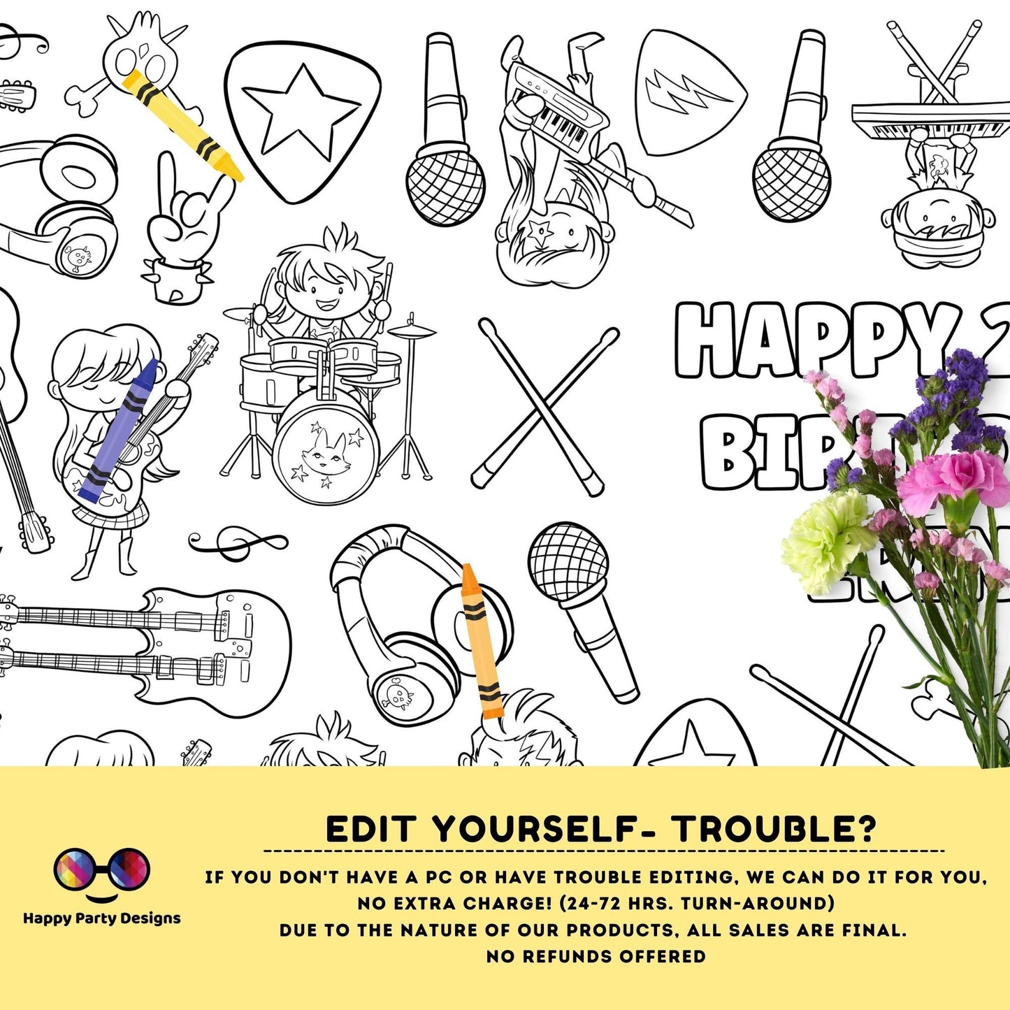 Rock star XL Table Runner | Editable Rock birthday party coloring page | Let's rock | Rock 'n roll table runner | music party activity