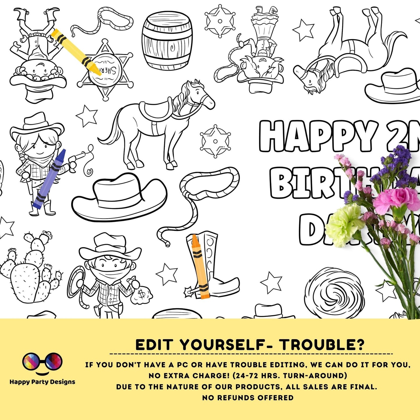 Rodeo XL coloring Table Runner | Editable Rodeo birthday party coloring page | Cowboy Cowgirl table runner | Rodeo party activity #K292