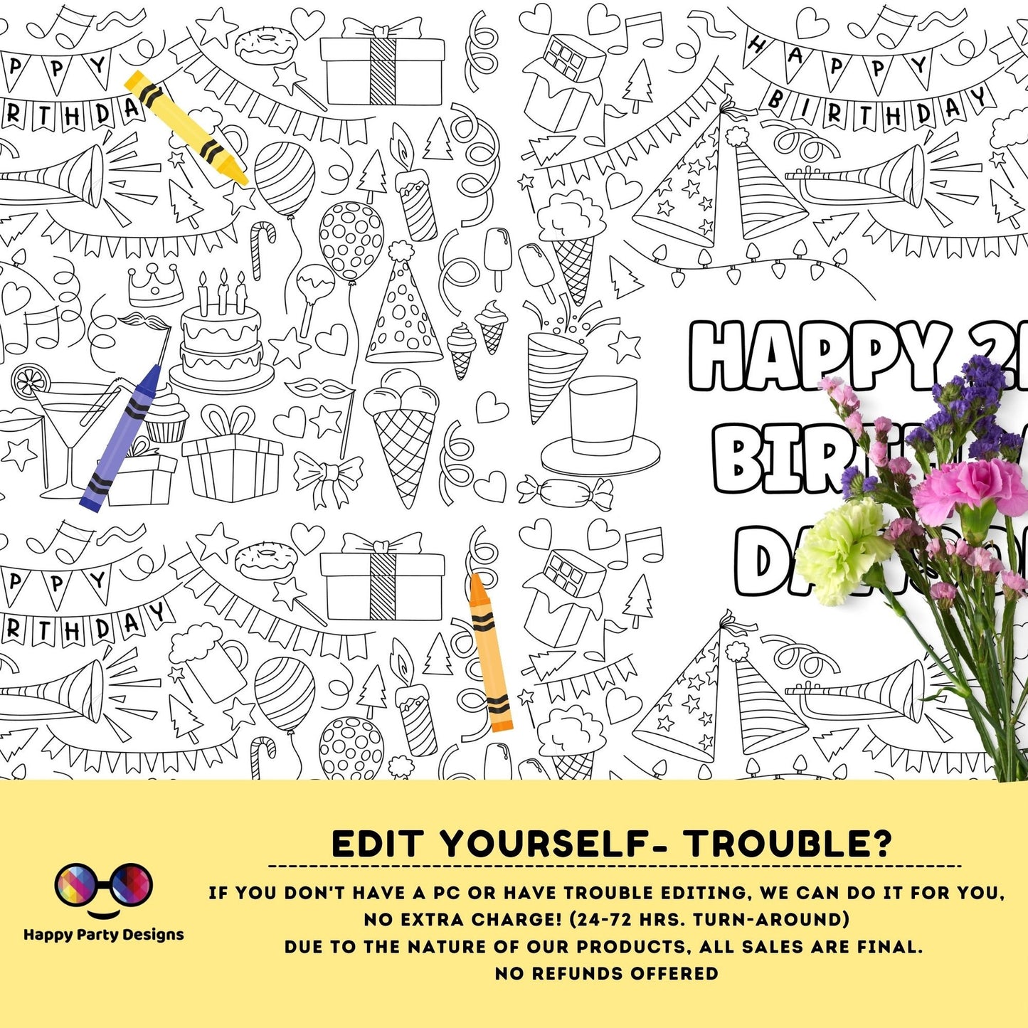 Birthday party XL coloring Table Runner | Editable birthday party coloring page | Happy birthday table runner Party activity for kids #K126