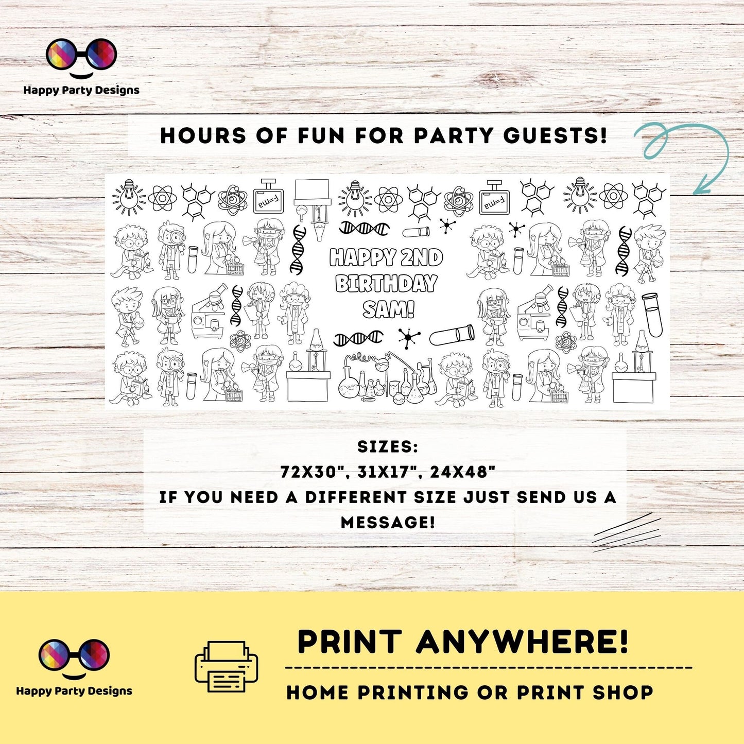 Science birthday party XL coloring page | Editable science birthday party coloring page | Science party | Science party activity