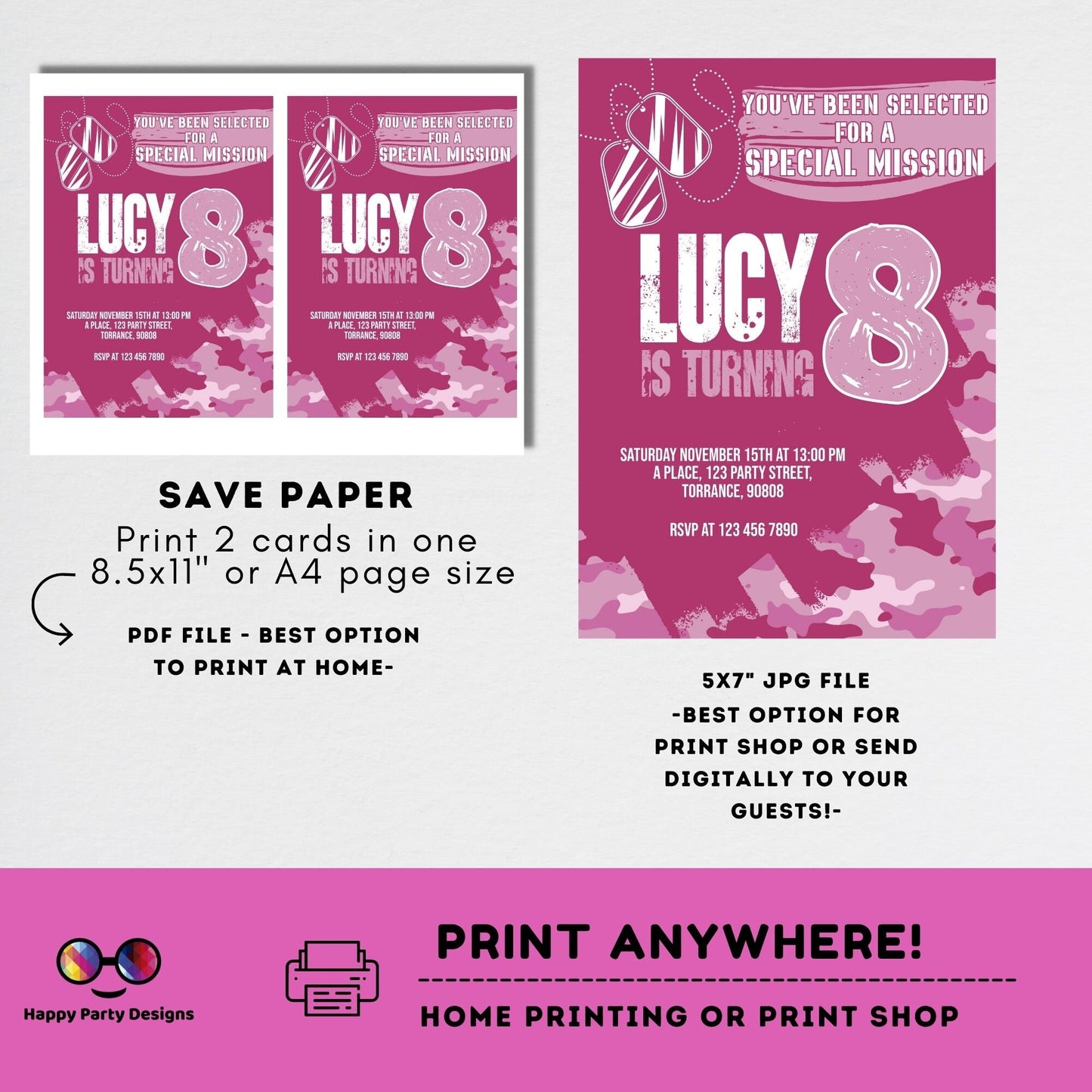 Kids Editable Army birthday invitation | Printable Birthday Army Party Invitations | Any Age | Birthday girl army party | ID Badges #K241