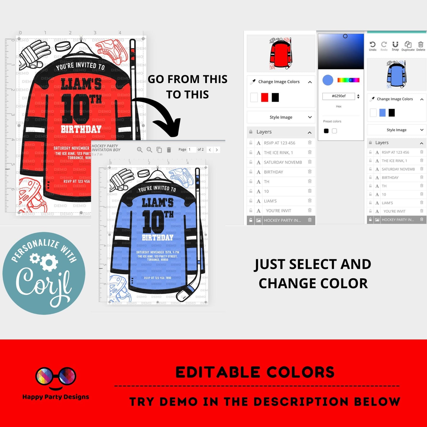 Hockey Birthday Invitation | Any age, change the color to the jersey, any color | Hockey Theme Birthday Party, Hockey Jersey and Stick #K243