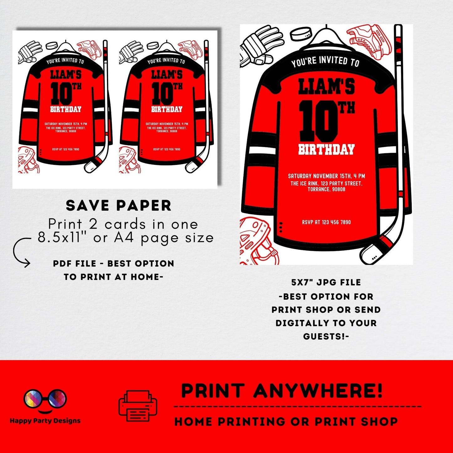 Hockey Birthday Invitation | Any age, change the color to the jersey, any color | Hockey Theme Birthday Party, Hockey Jersey and Stick #K243