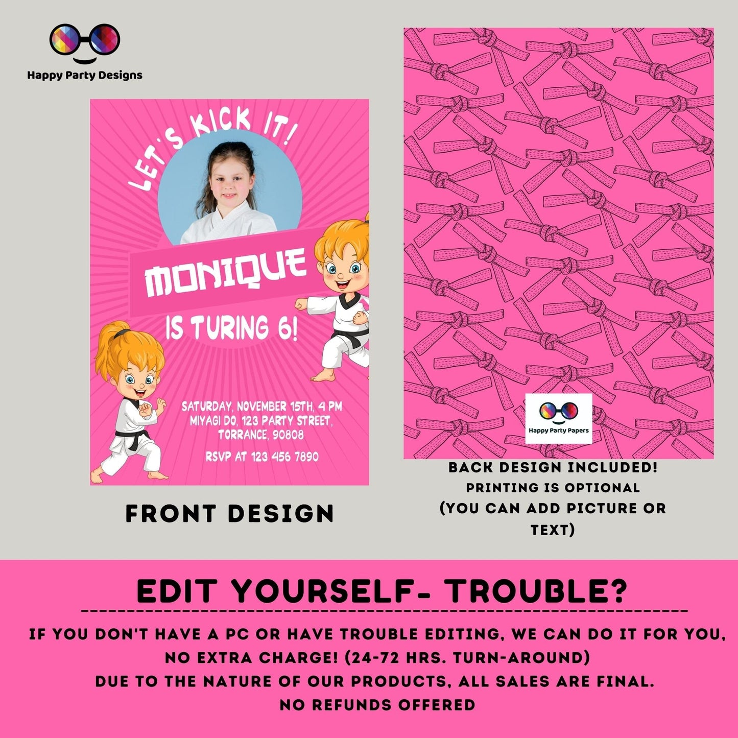 Let's kick it! Karate Birthday Party Invitation with photo | EDITABLE Martial Arts girl | Karate girls Birthday Invite | Ninja Party #K246