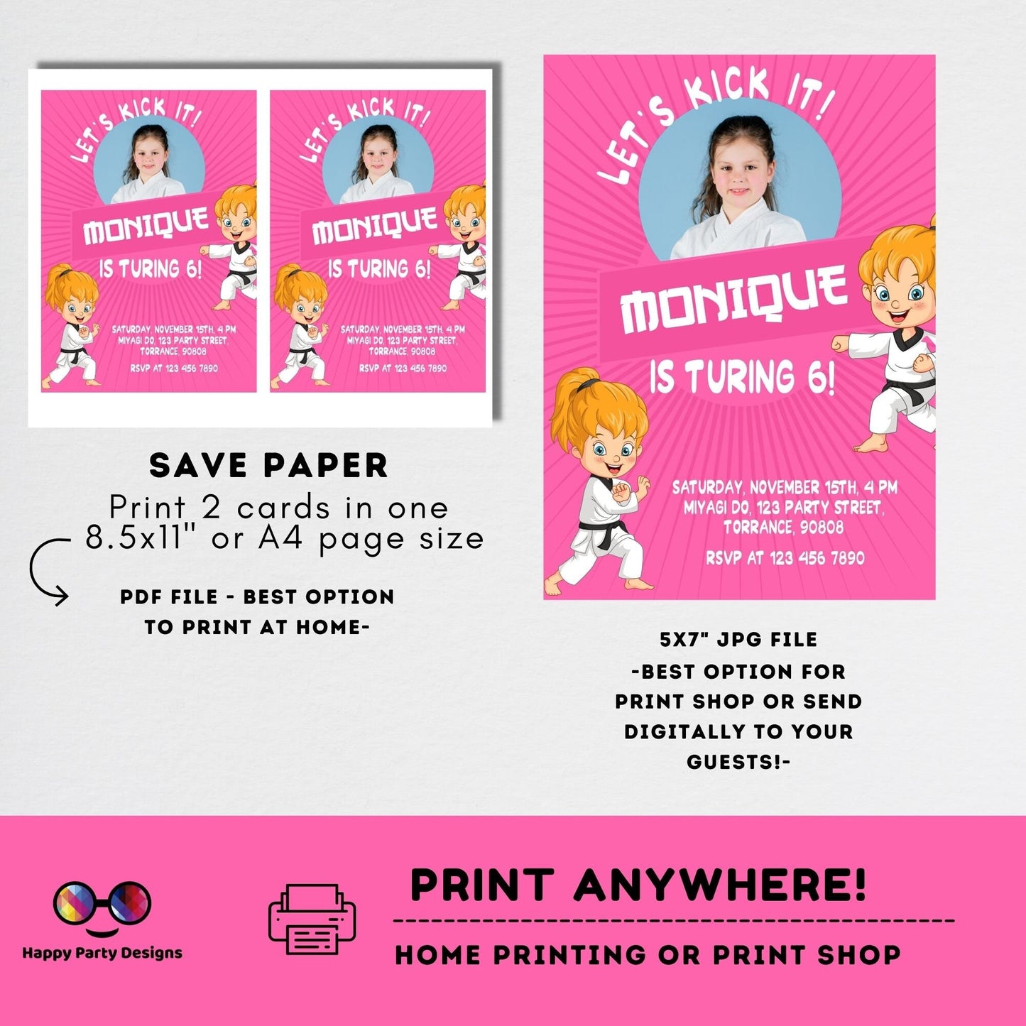 Let's kick it! Karate Birthday Party Invitation with photo | EDITABLE Martial Arts girl | Karate girls Birthday Invite | Ninja Party #K246