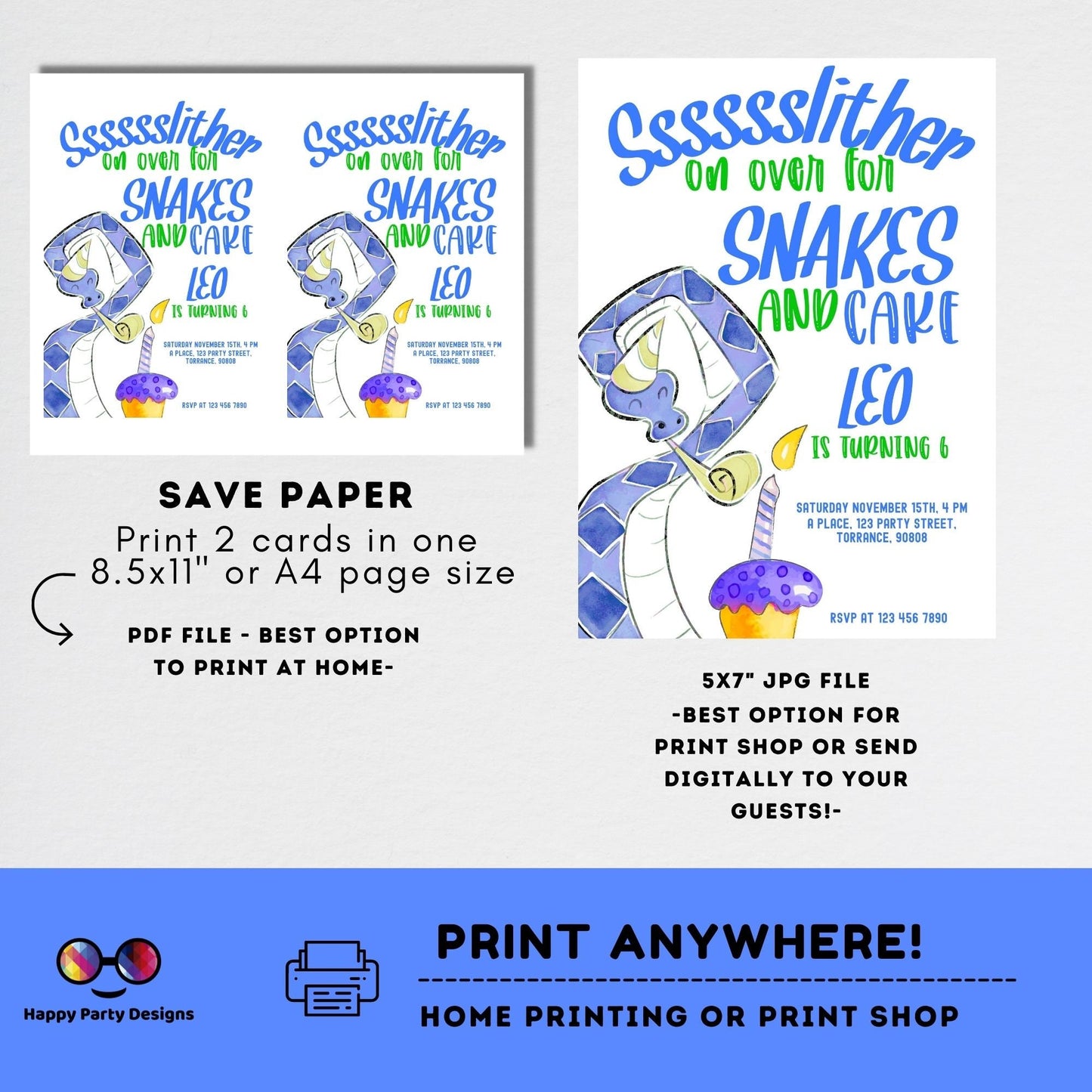 Editable Snakes and cake Invitation | Reptile Birthday Invitation Printable | Snake Invitation | boy Invitation | Reptile Party Invite #K249