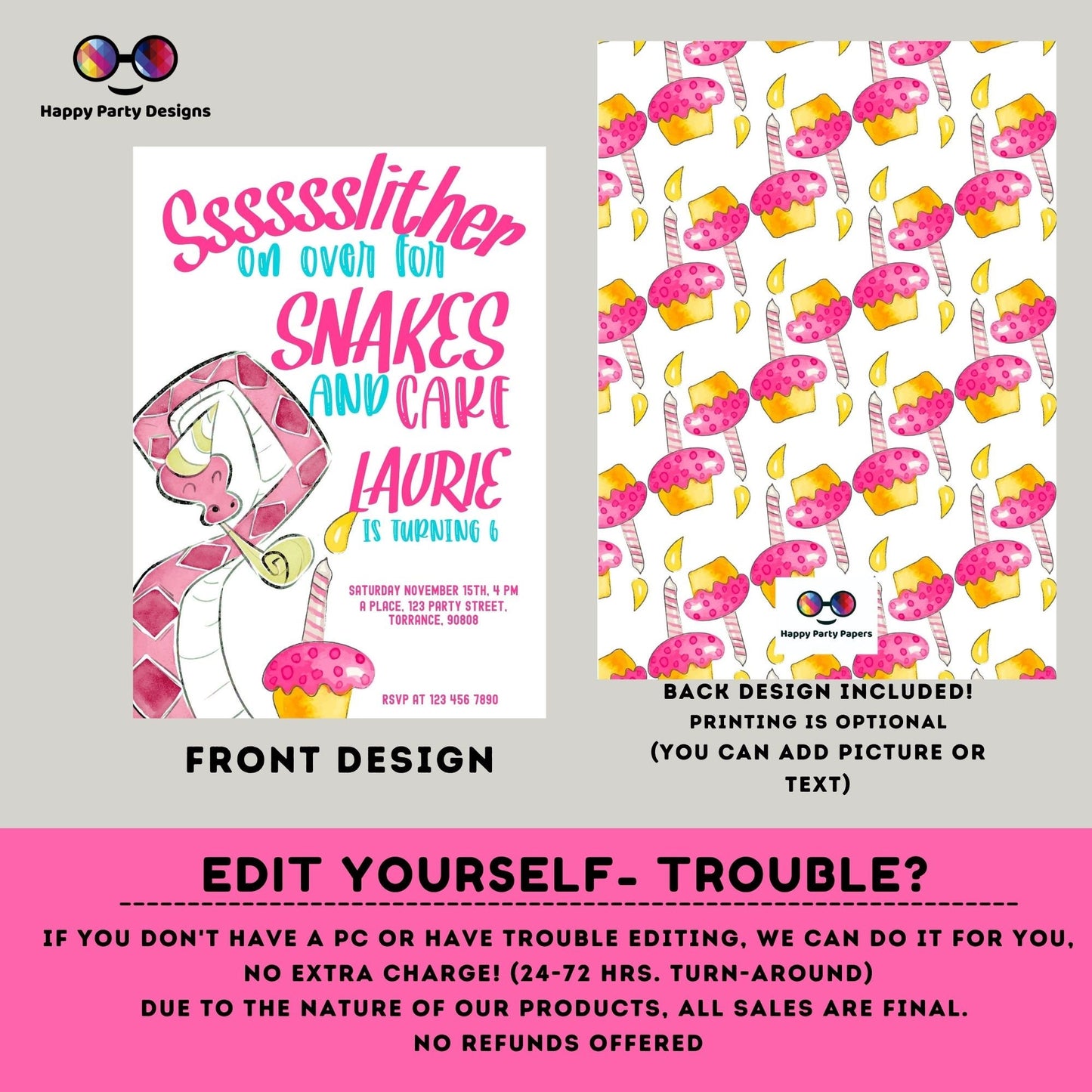 Editable Snakes and cake Invitation | Reptile Birthday Invitation Printable | Snake Invitation |girl Invitation | Reptile Party Invite #K249
