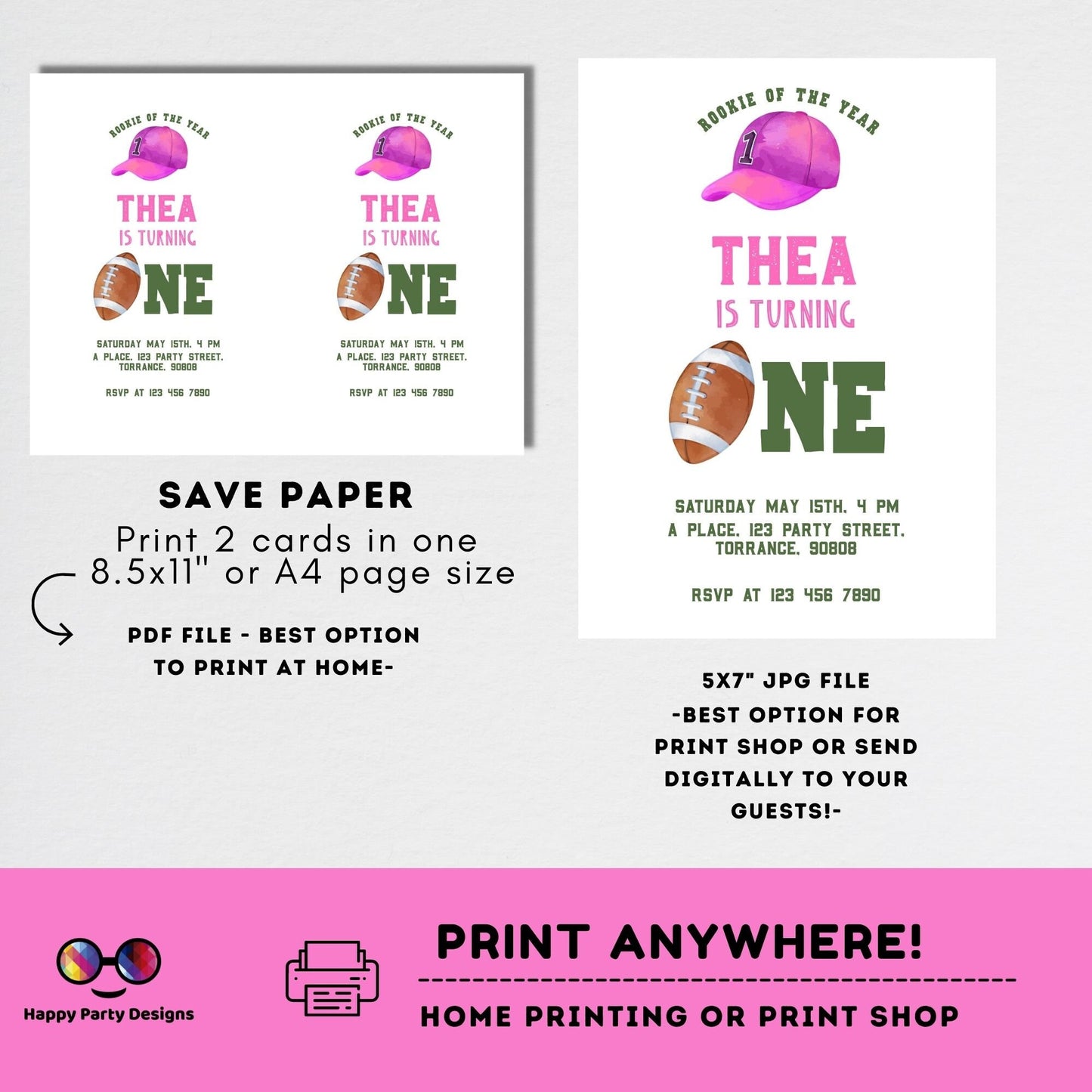 Minimalist Football Birthday Invitation Template for girl | Rookie of the year | Football Theme | Sports invite | Football party #K252