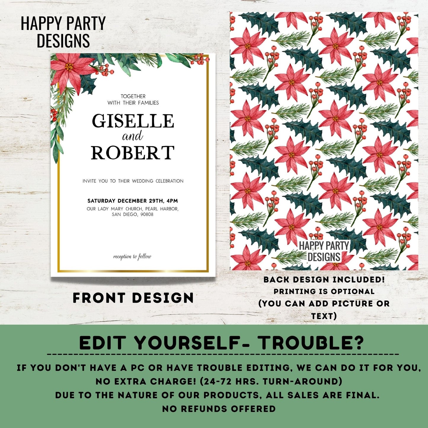 Editable Christmas Wedding Invitation Template Invitation | Editable Christmas Themed Red Poinsettia | Winter Bride | Winter Wedding #W20