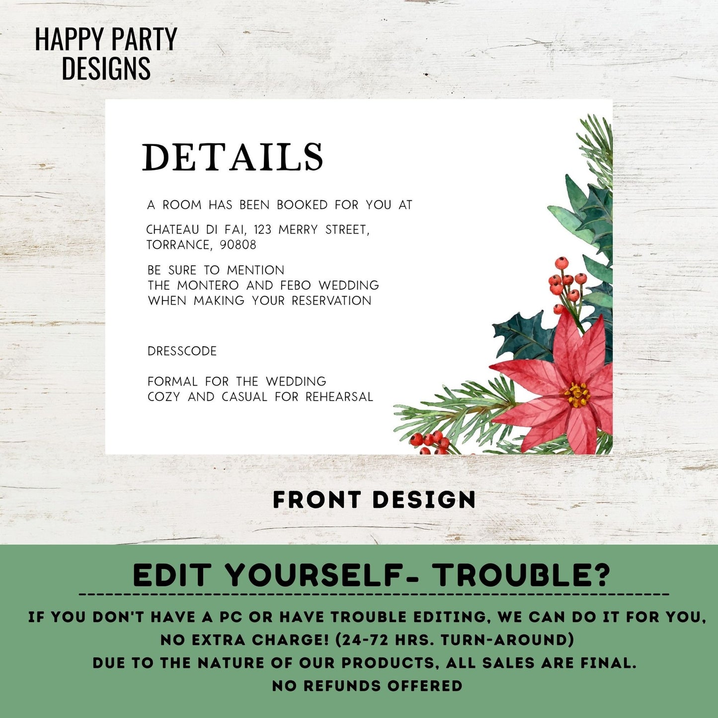 Editable Christmas Wedding Details Template | Editable Christmas Themed Red Poinsettia | Winter Bride | Winter Wedding #W20
