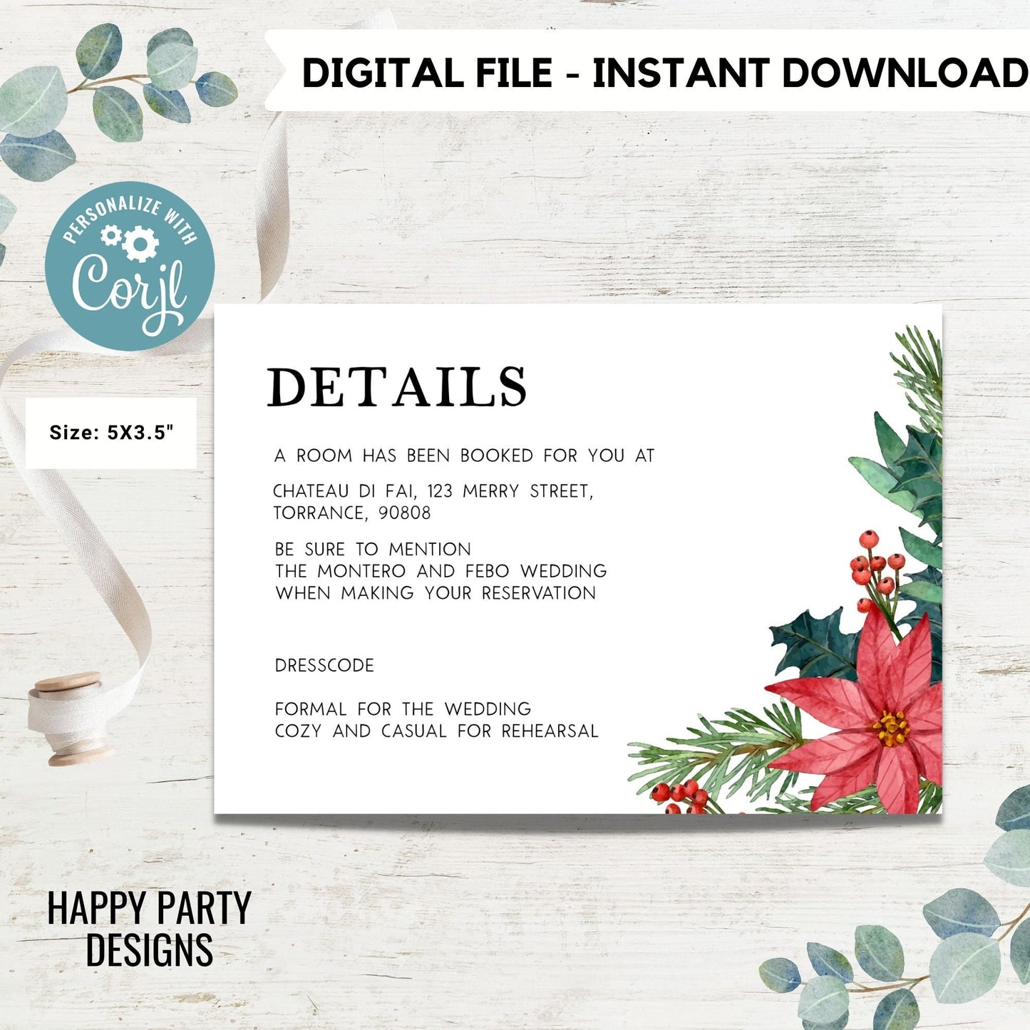Editable Christmas Wedding Details Template | Editable Christmas Themed Red Poinsettia | Winter Bride | Winter Wedding #W20
