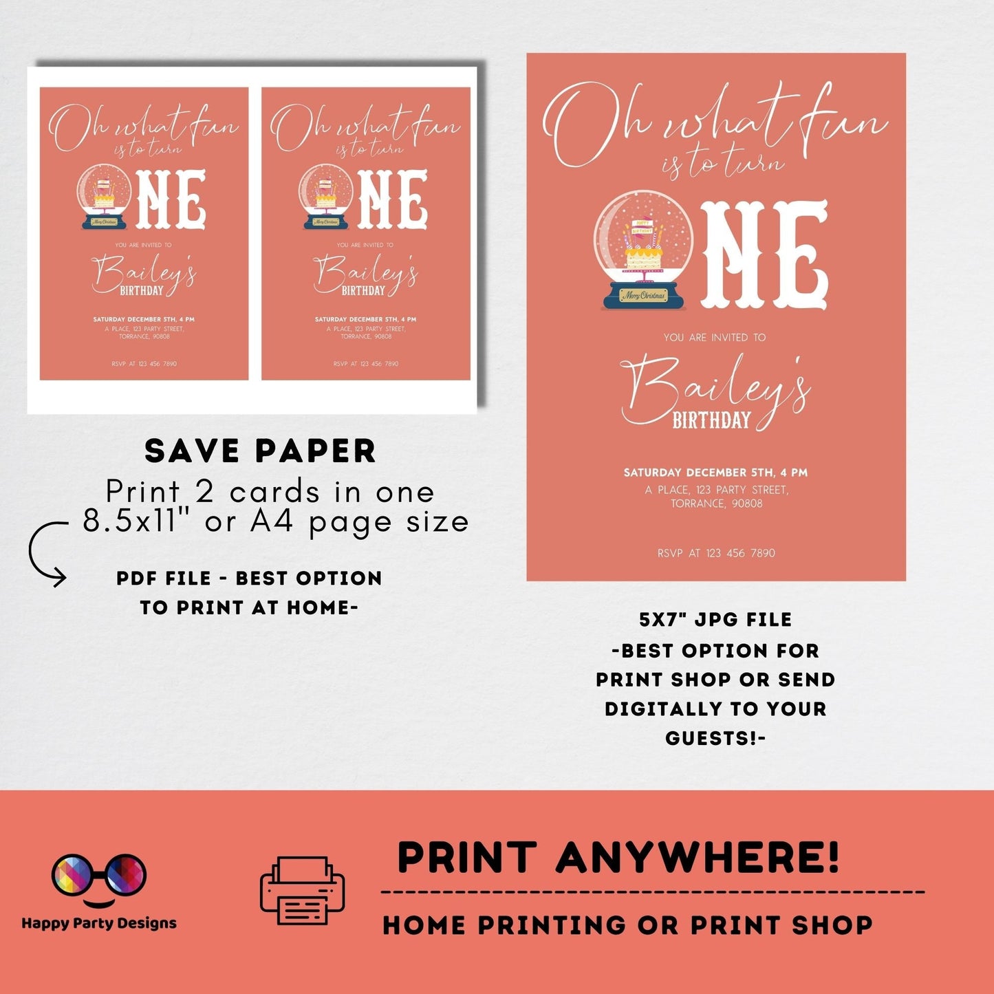Editable Winter ONEderland Birthday Invitation | Digital invite | Birthday girl | First Birthday 1st Girl | Snow globe | Pink Snow #K261