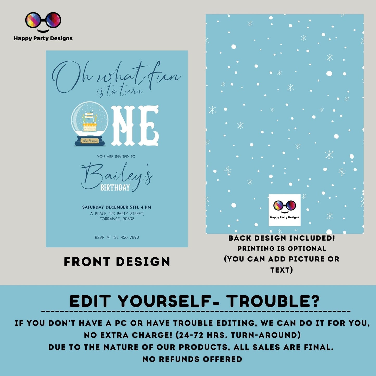 Editable Winter ONEderland Birthday Invitation | Digital invite | Birthday boy | First Birthday 1st Boy | Snow globe | Pink Snow #K261