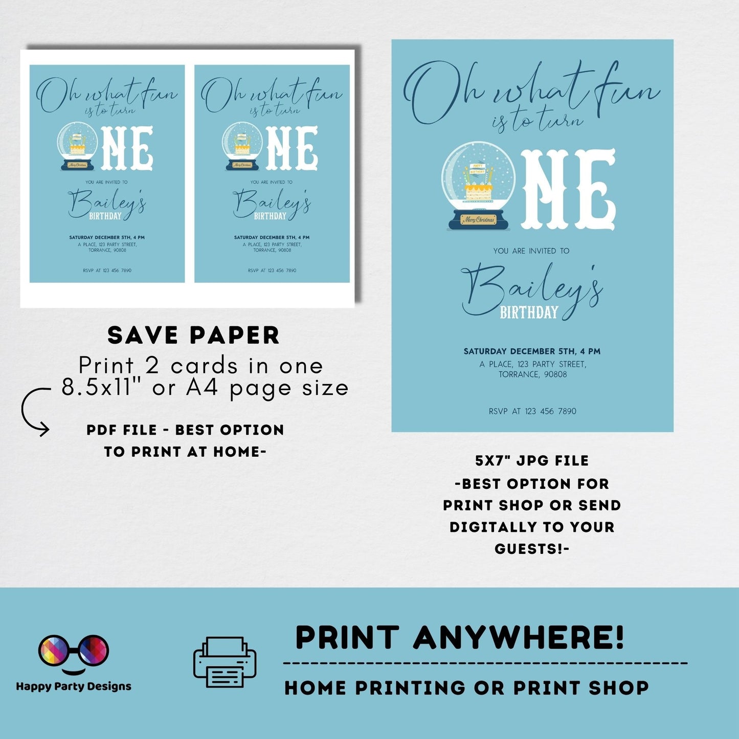 Editable Winter ONEderland Birthday Invitation | Digital invite | Birthday boy | First Birthday 1st Boy | Snow globe | Pink Snow #K261