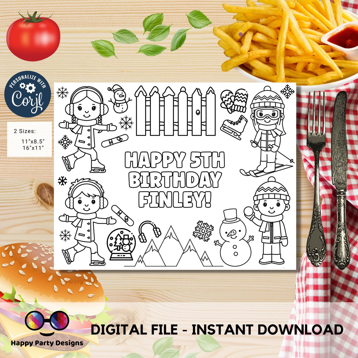 Editable Winter coloring page | Placemat coloring page | Any Age | kids in wintertime birthday | Party Activity. #K115