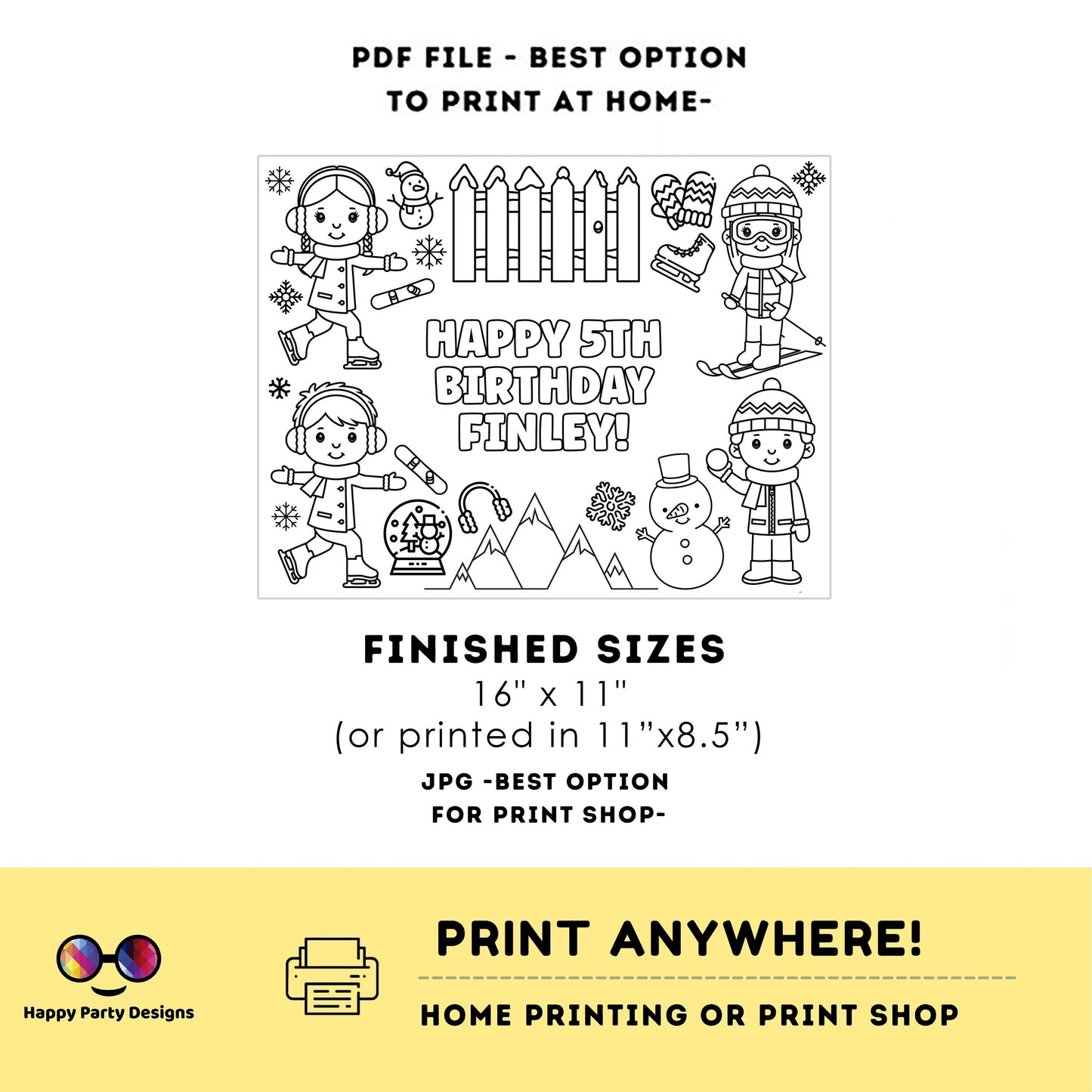 Editable Winter coloring page | Placemat coloring page | Any Age | kids in wintertime birthday | Party Activity. #K115