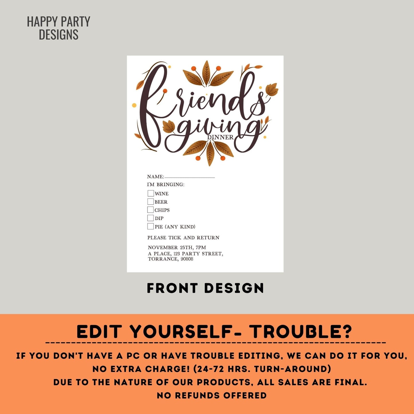 Editable Friendsgiving Printable Potluck Sign-Up Sheet | Thanksgiving Dinner Potluck checklist | Thanksgiving Printable | Friends #A31