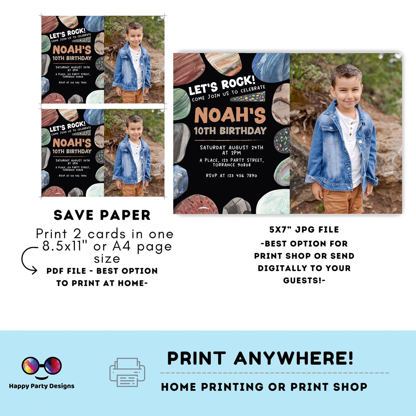 Editable let's rock Birthday Invitation Template | Rocks Birthday Invitations | Printable Birthday | Geology Birthday Invitation #K175