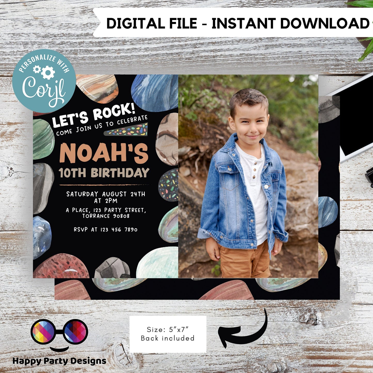 Editable let's rock Birthday Invitation Template | Rocks Birthday Invitations | Printable Birthday | Geology Birthday Invitation #K175
