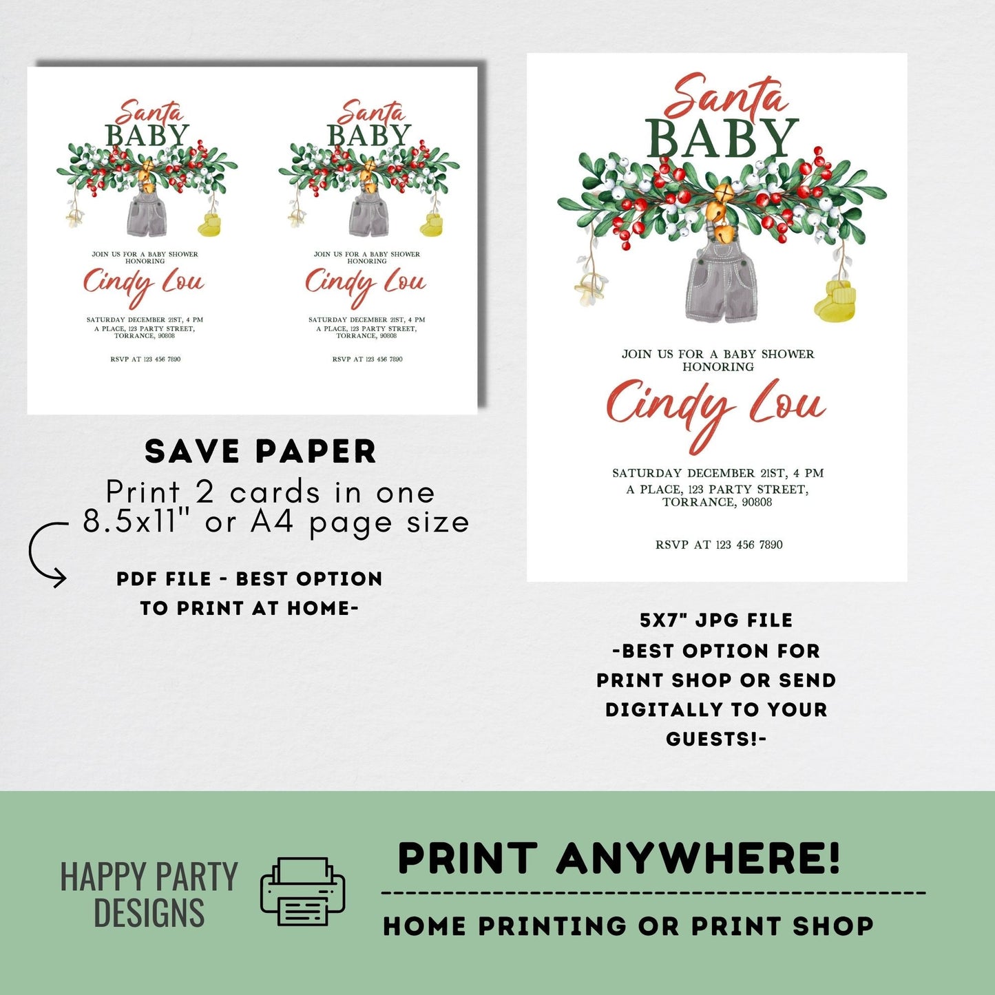 Editable Santa Baby Shower Invitation | Christmas Baby shower printable invite | Holiday Christmas Shower Invitation | Baby Christmas #B47