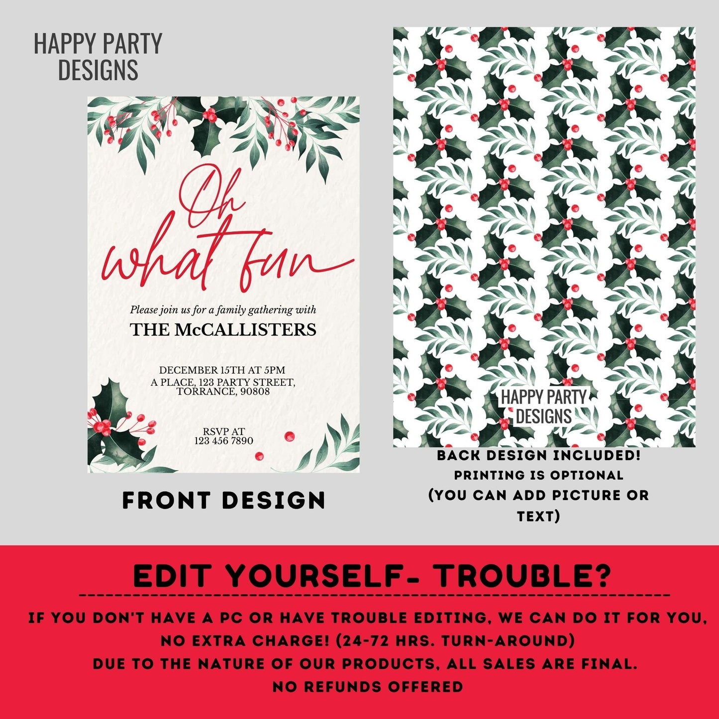 Editable Oh what fun Party Invitation | Christmas family Party printable invite | Christmas Party Invitation | Christmas Dinner invite #A34