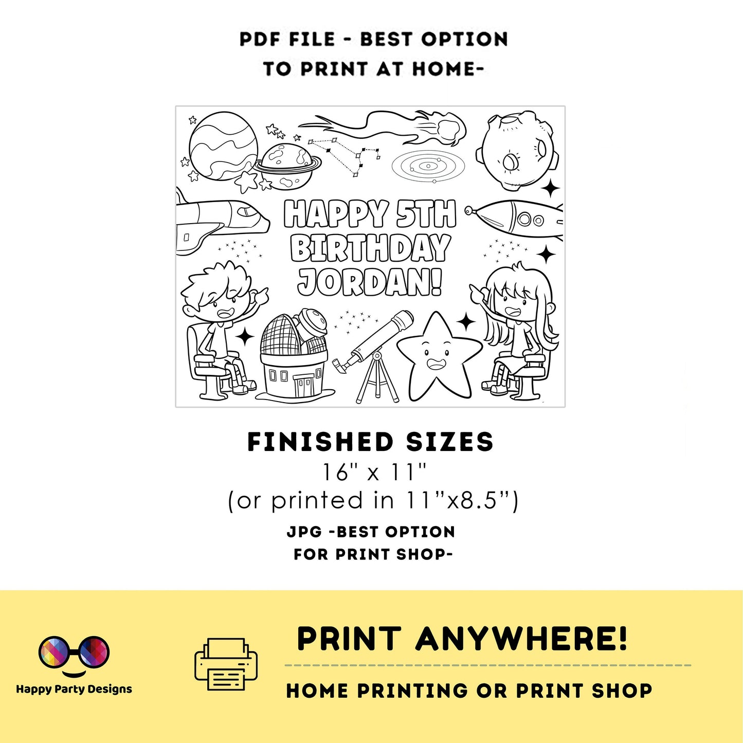 Editable Planetarium coloring page | Placemat coloring page | Any Age | Out of this world birthday | Space Party Activity | Planets