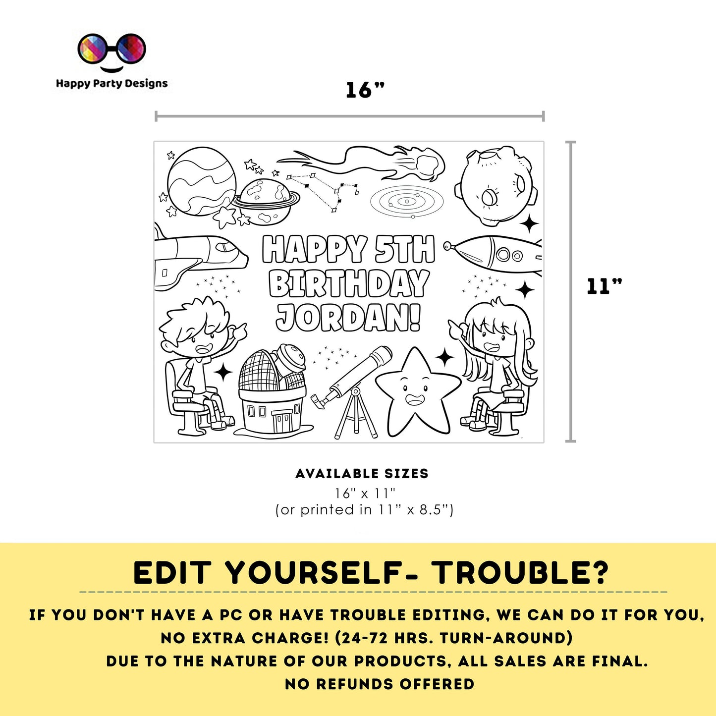 Editable Planetarium coloring page | Placemat coloring page | Any Age | Out of this world birthday | Space Party Activity | Planets