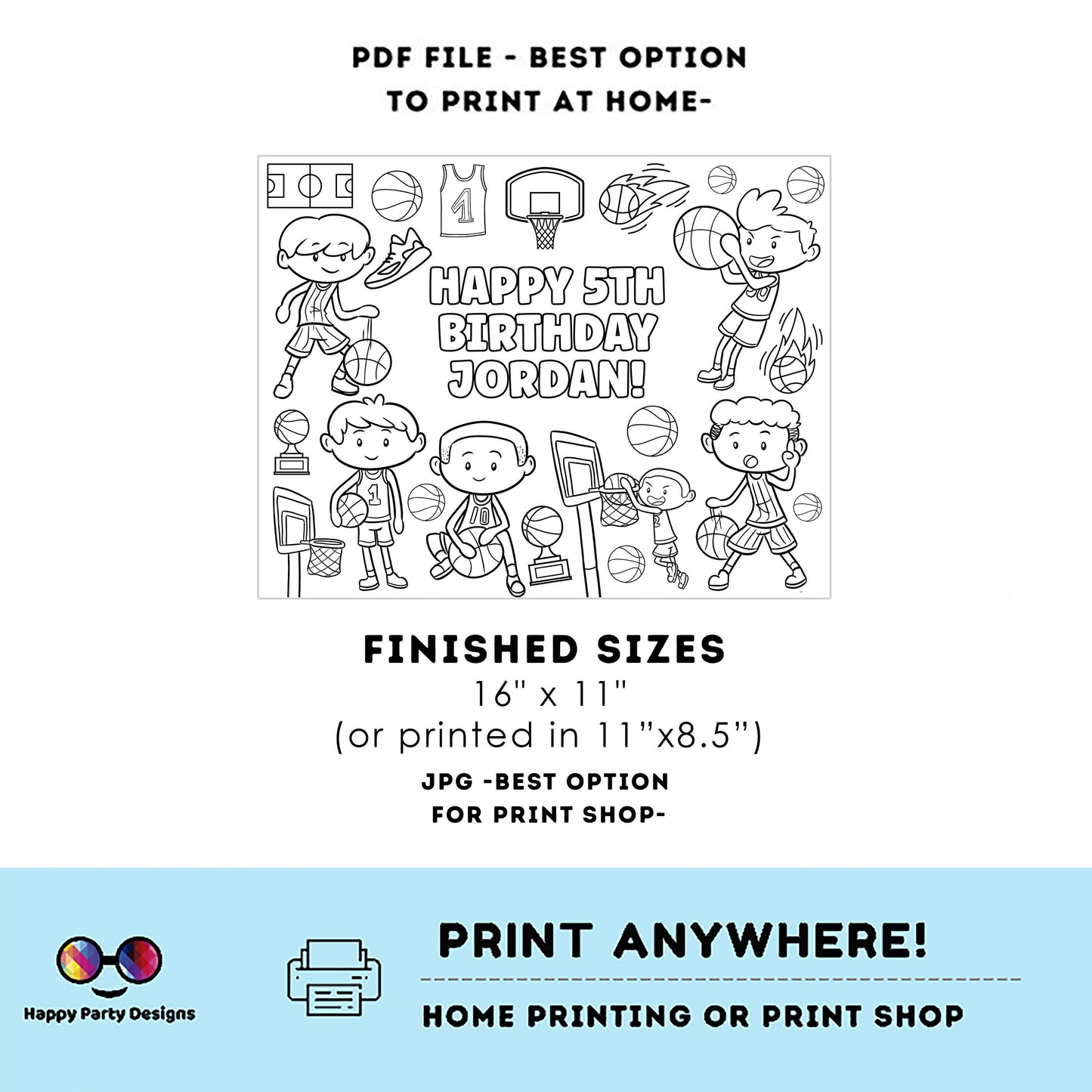 Editable Basketball boy Birthday coloring Page | BKB Party | Sports coloring page | basketball coloring placemat Edit Online #K251