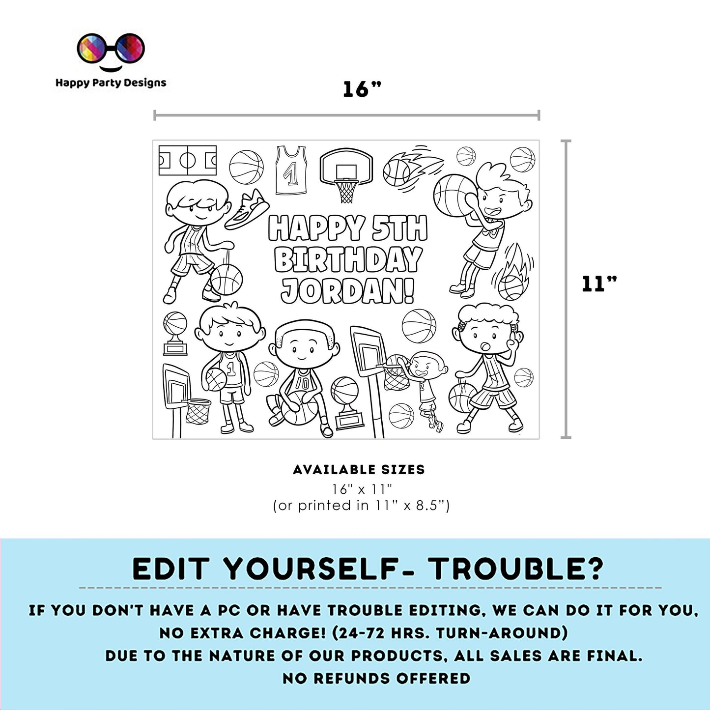 Editable Basketball boy Birthday coloring Page | BKB Party | Sports coloring page | basketball coloring placemat Edit Online #K251
