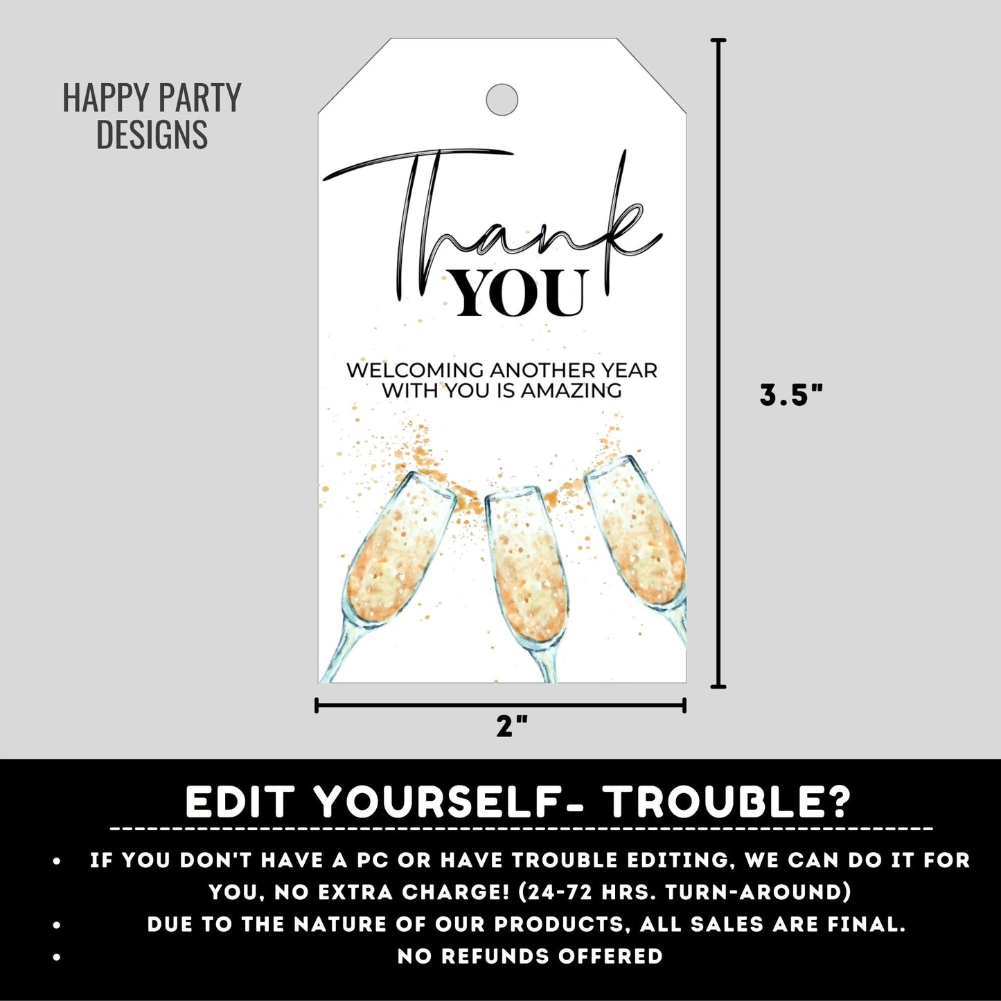 Editable sparkling wine Party thank you tag | New year's eve printable thank you tag | Holiday gift tag | thank you tag Favor #A39