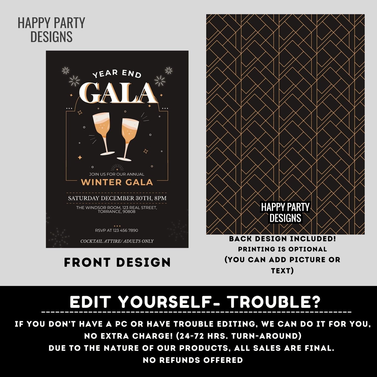 Editable Year end gala Party Invitation | New year Party printable invite | Art Deco New Years Eve Invitation | Classy and Retro #A40