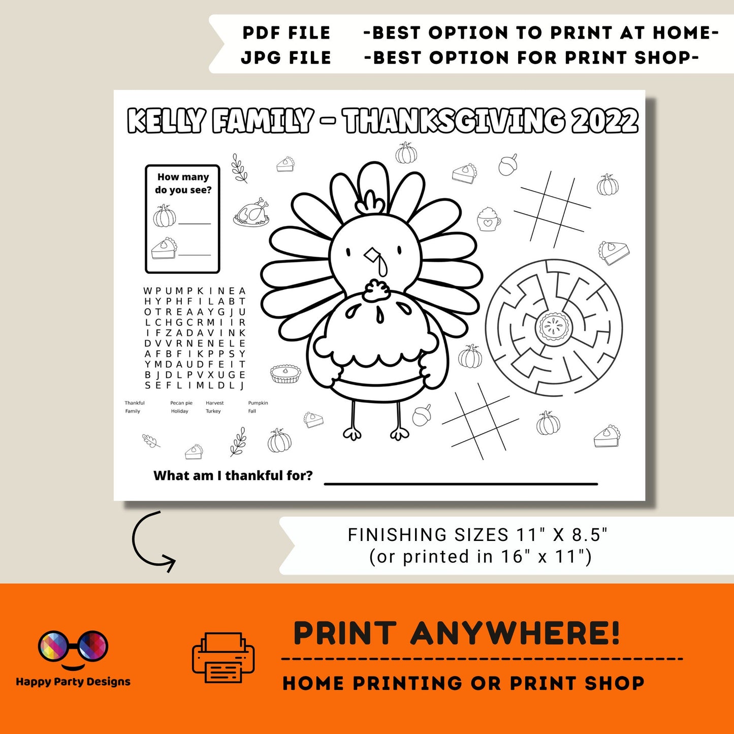 Editable Thanksgiving coloring placemat |Thanksgiving coloring page |Thanksgiving Activity game | cute thanksgiving activity for kids table