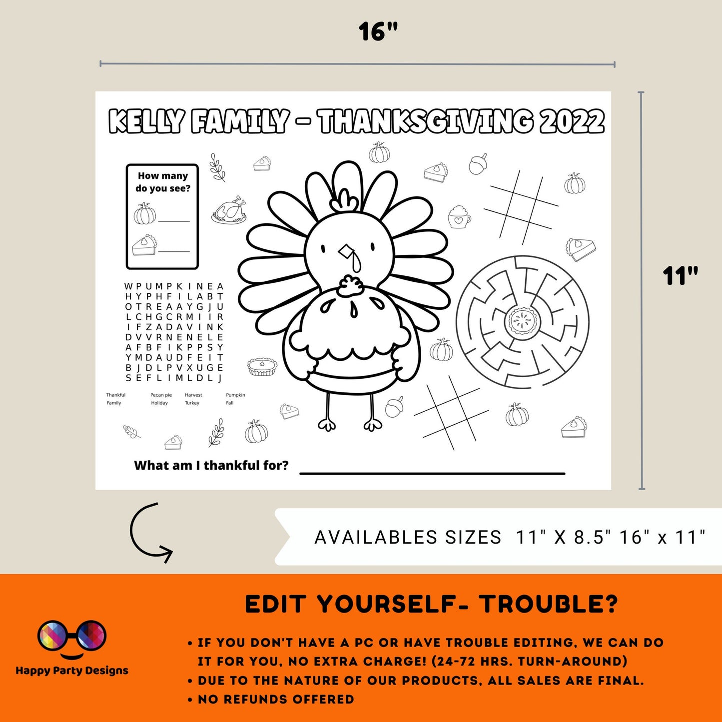 Editable Thanksgiving coloring placemat |Thanksgiving coloring page |Thanksgiving Activity game | cute thanksgiving activity for kids table