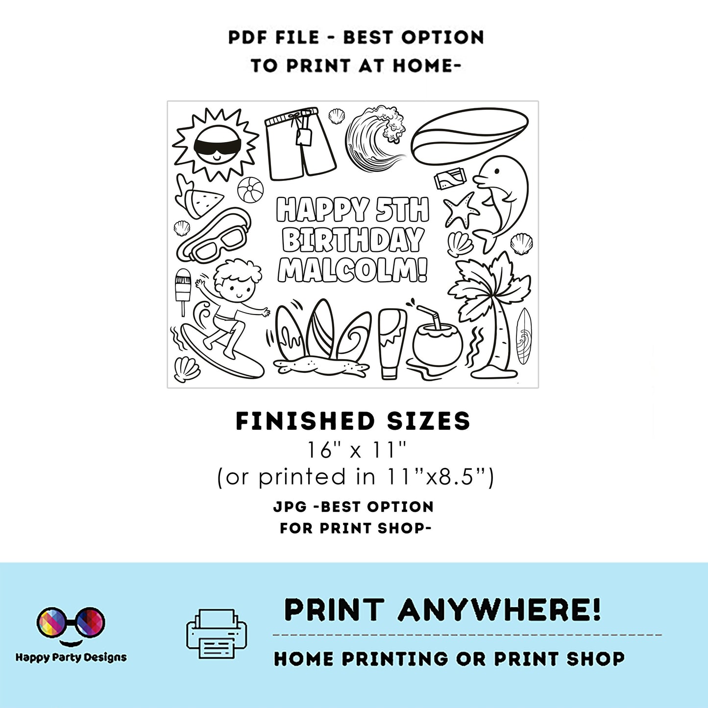 Editable surfing Birthday coloring page | Placemat coloring page | Any Age | Surf birthday Party Activity | bag filler | Summer party #K113