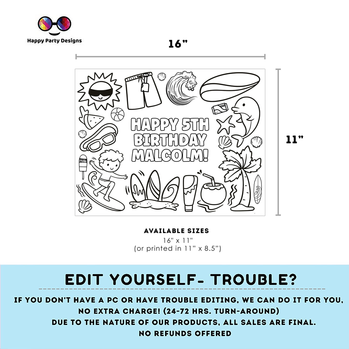 Editable surfing Birthday coloring page | Placemat coloring page | Any Age | Surf birthday Party Activity | bag filler | Summer party #K113