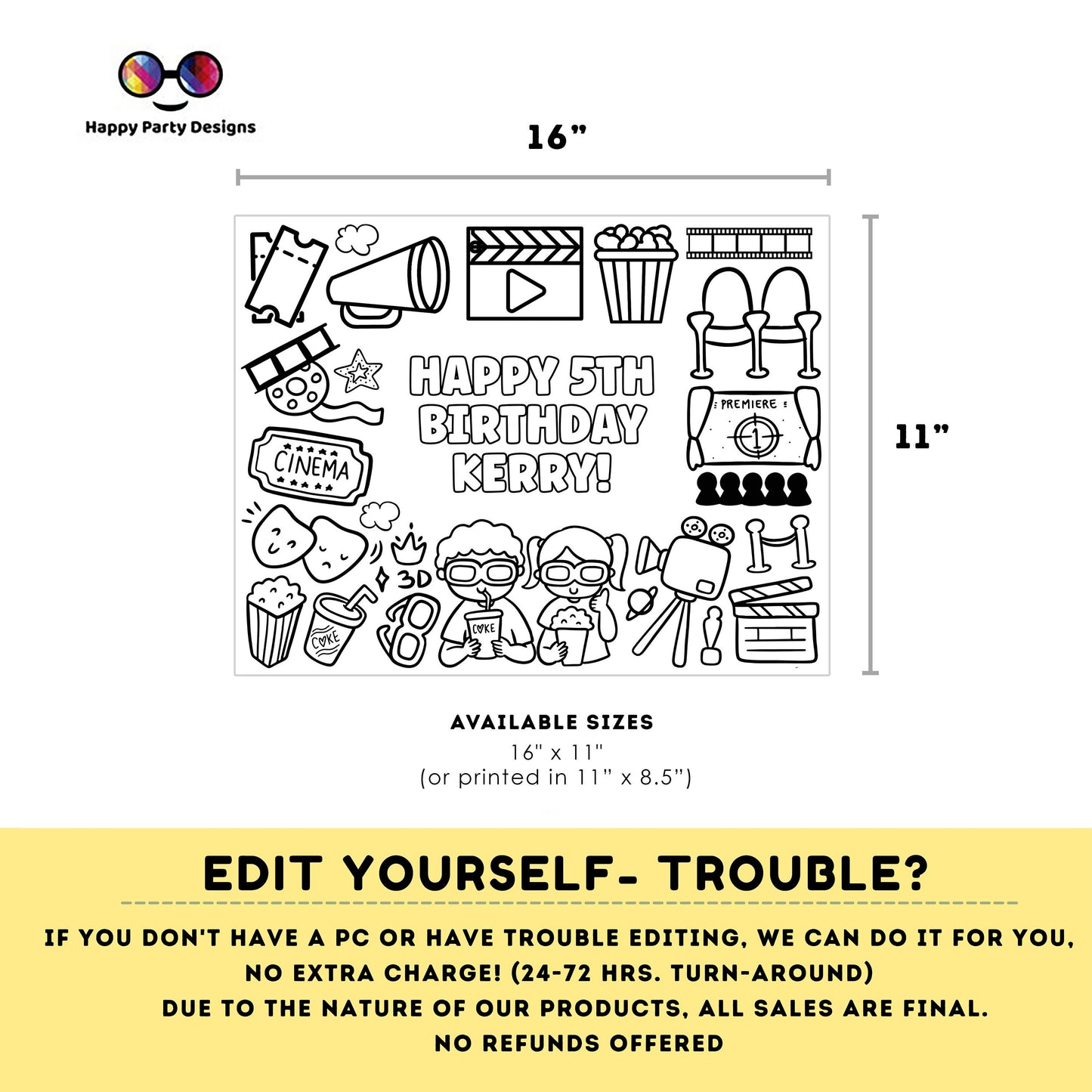 Editable Movie Birthday coloring page | Printable Movie Night Coloring Page | Cinema Coloring Page for Kids Any Age #K190