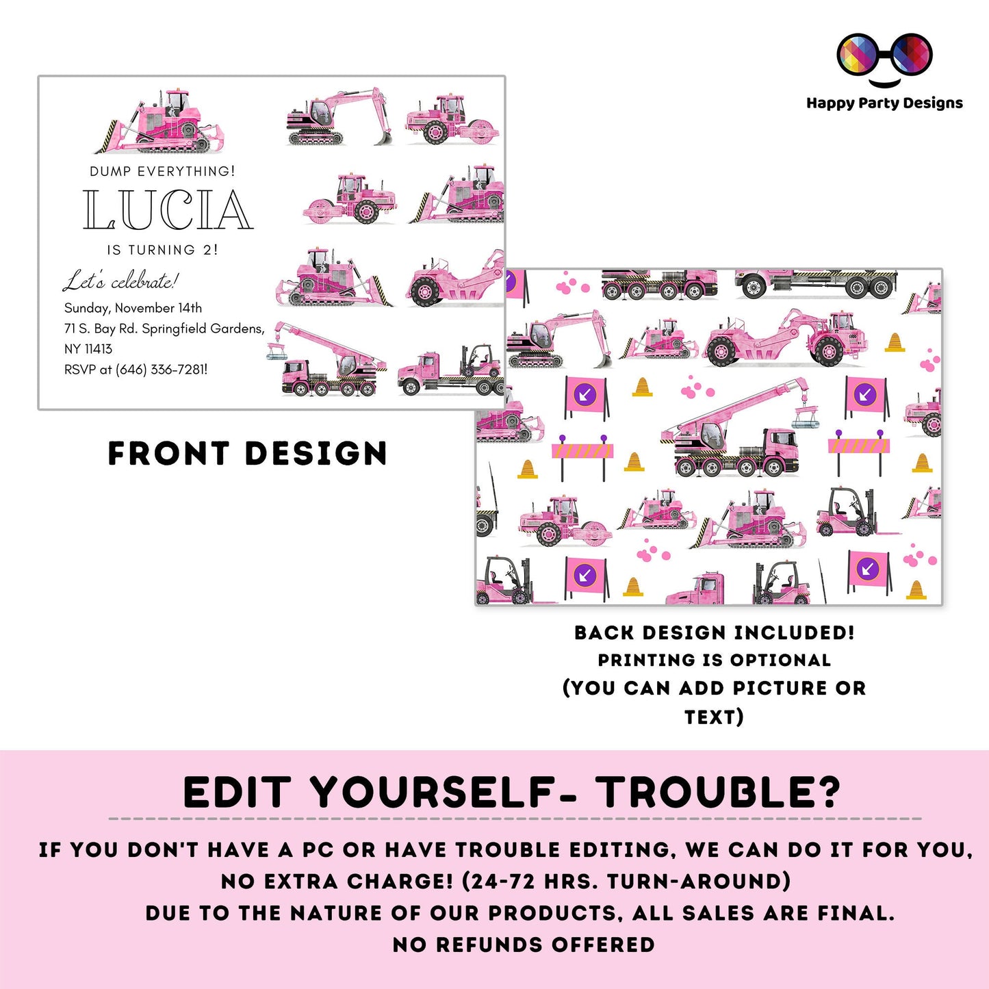 Editable pink Trucks Birthday Invitations | construction party | girl | Party under Construction Invitation | Edit Yourself #K69