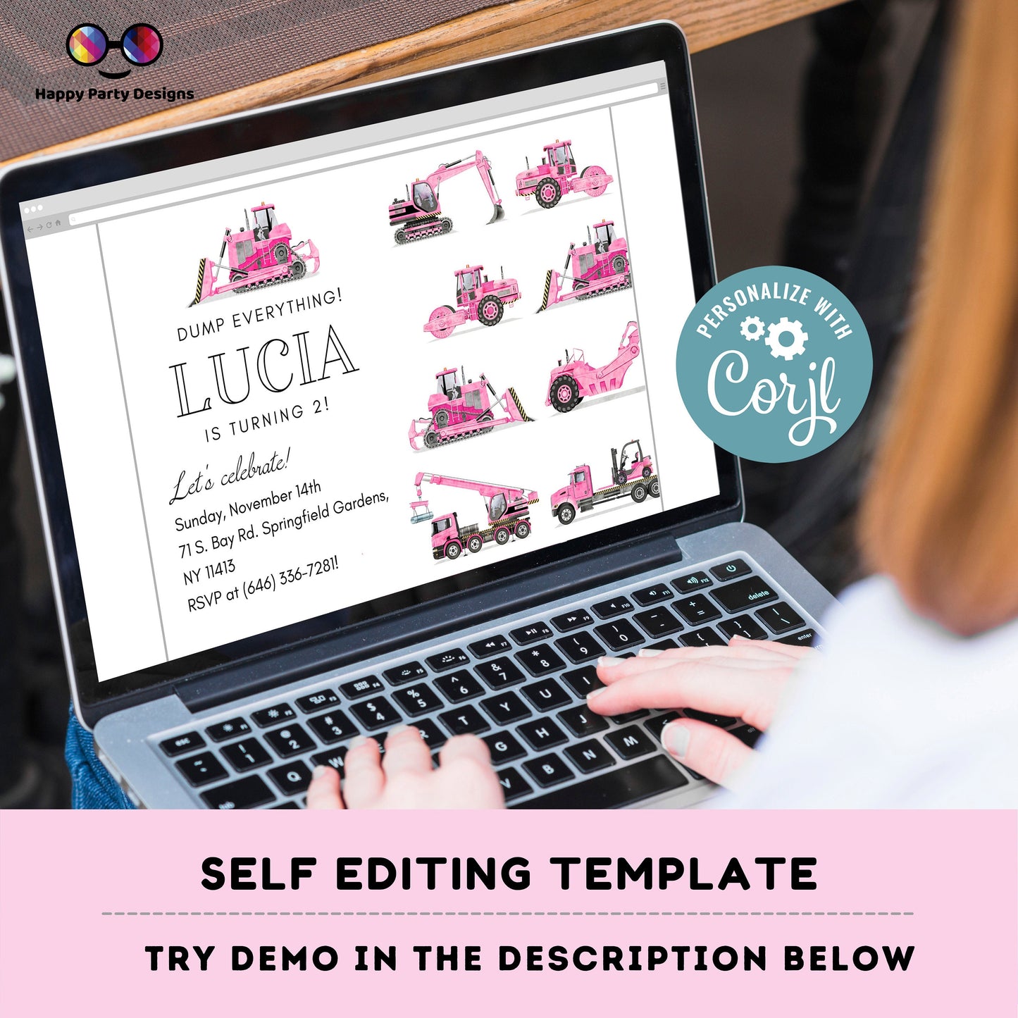 Editable pink Trucks Birthday Invitations | construction party | girl | Party under Construction Invitation | Edit Yourself #K69