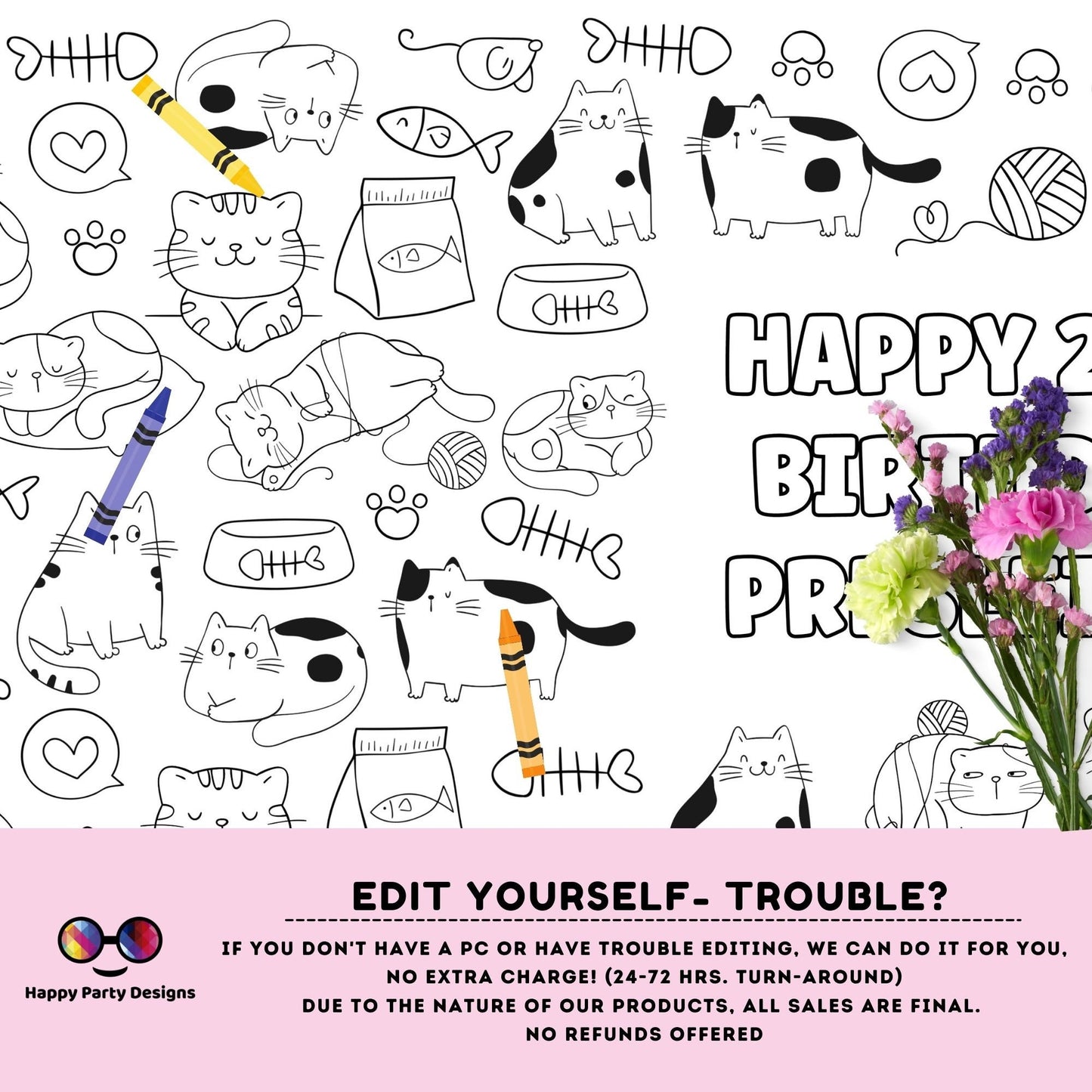 Funny Cats XL coloring Table Runner | Editable Cute Funny Cats coloring page | Placemat XL coloring page | kittens birthday | Cats #K114