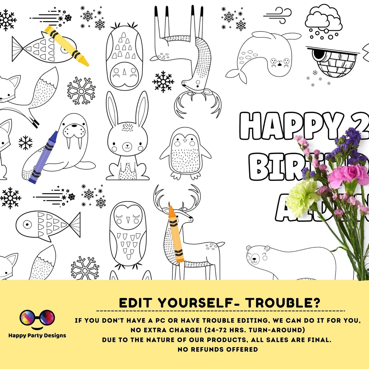 Winter animals XL coloring table runner | Editable Winter animals coloring page | Placemat coloring page | Artic Animals birthday #K115