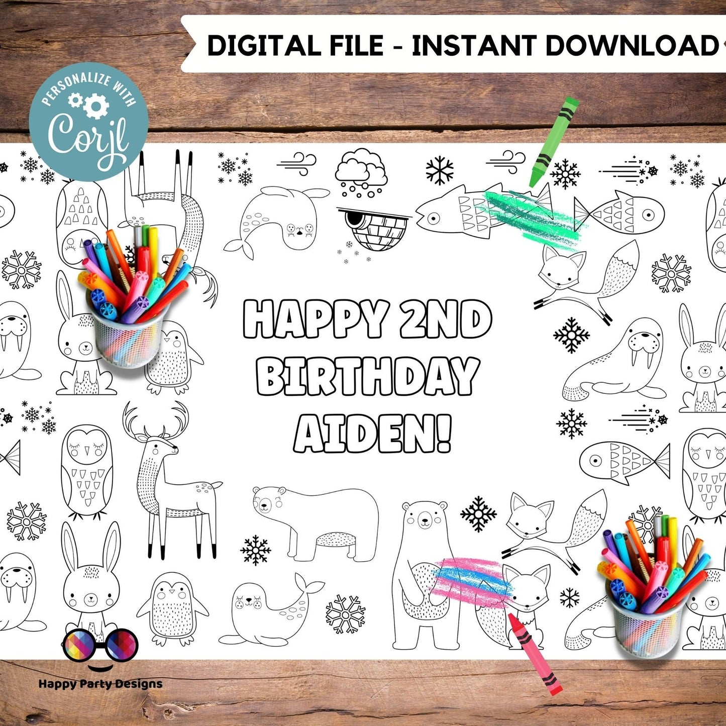 Winter animals XL coloring table runner | Editable Winter animals coloring page | Placemat coloring page | Artic Animals birthday #K115
