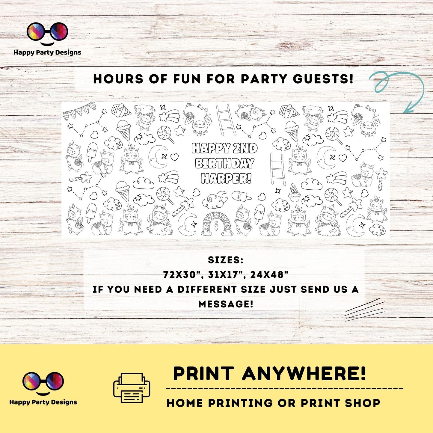 Llama XL Coloring Table runner | Editable Llama Birthday coloring page | Placemat coloring page | Llama birthday party activity #K151
