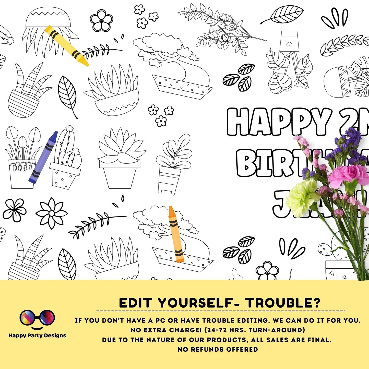 Plants XL Coloring Table Runner | Editable plants Birthday coloring page | Placemat coloring page Succulents and cactus coloring page #K154