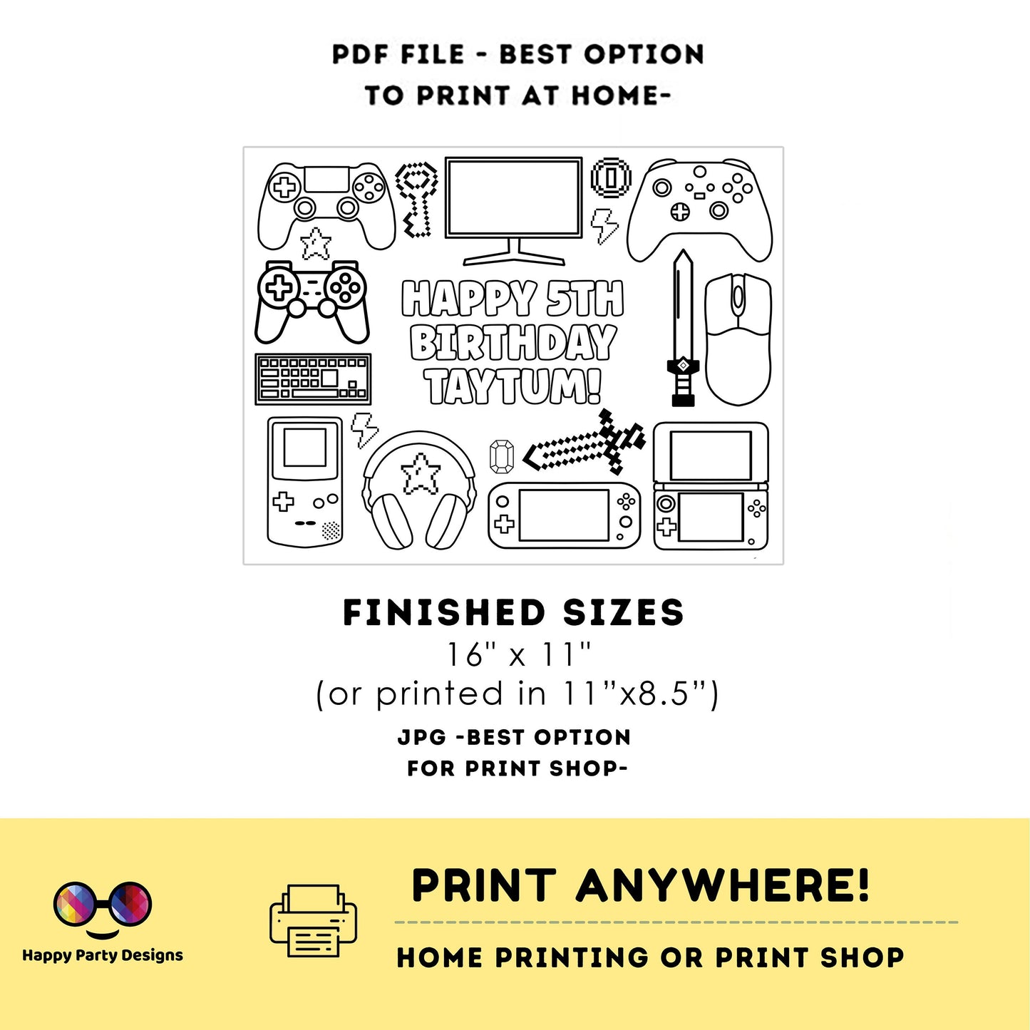 Editable video game Birthday coloring page | videogame coloring page | videogame Party | videogame Party Any Age #K72