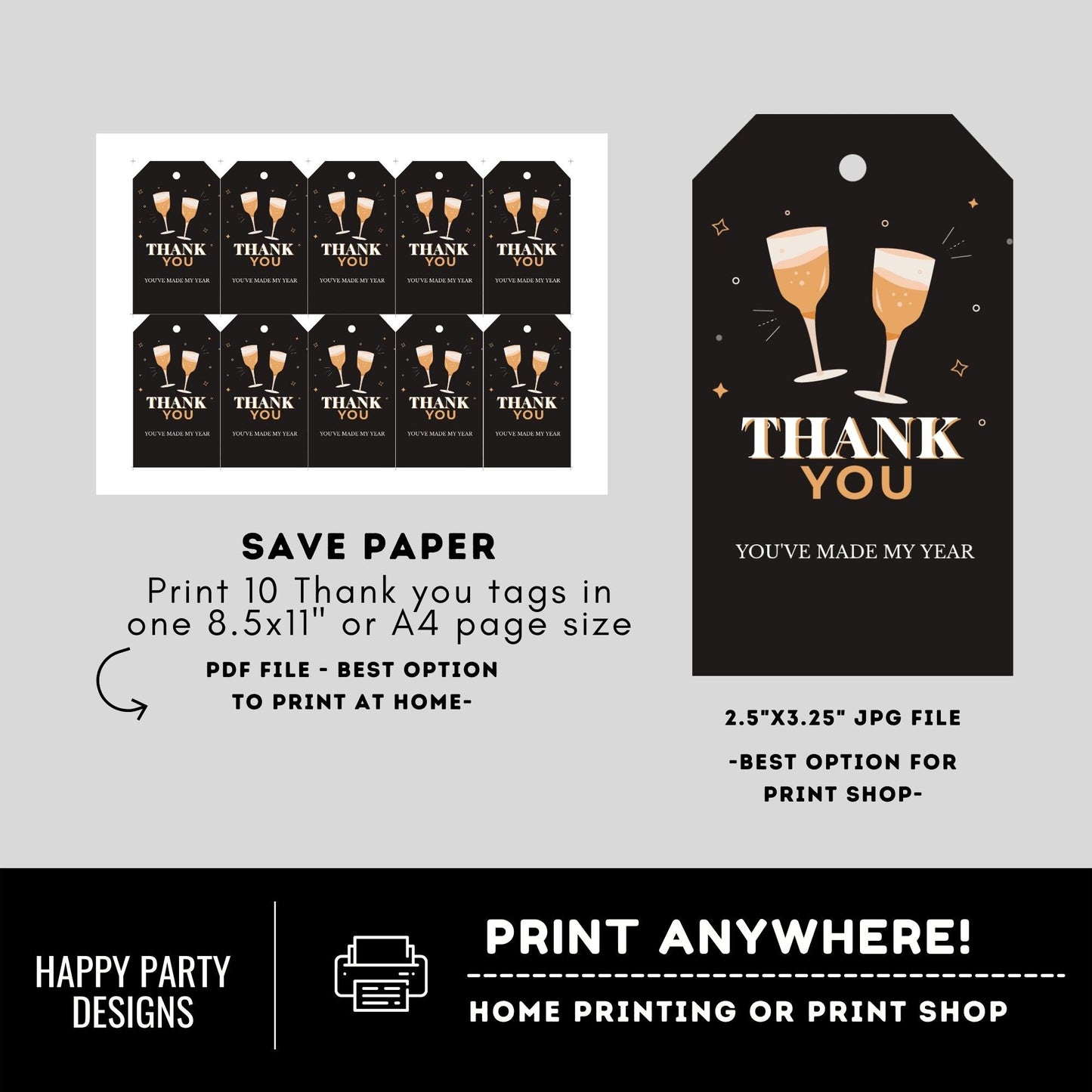 Editable sparkling wine Party thank you tag | New year's eve printable thank you tag | art deco gift tag | thank you tag Favor #A40