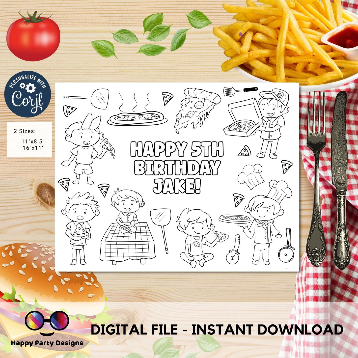 Editable Pizza Party coloring page | Placemat coloring page | Any Age | Pizza birthday placemat | Pizza Party Activity | Party favors #K46